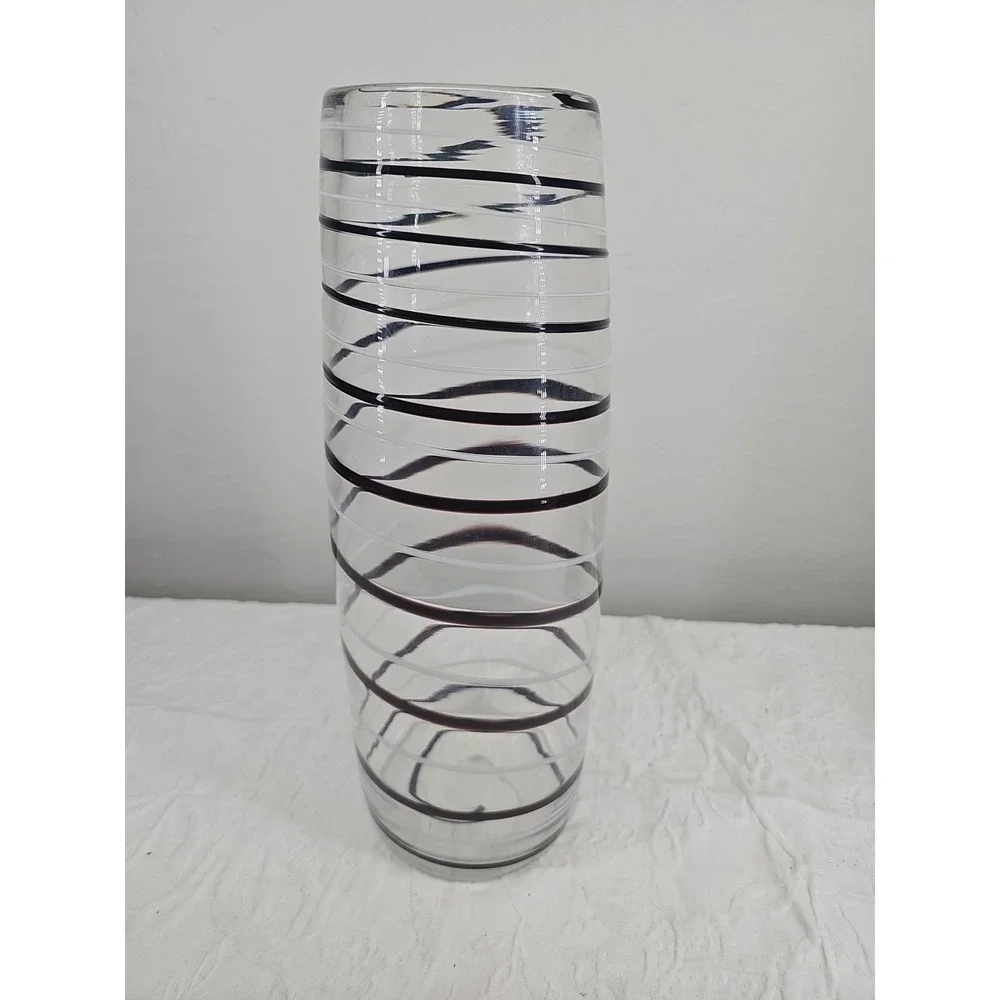 Vintage Unique, Large Hand-Blown Glass Vase with Striped Accents 14 In